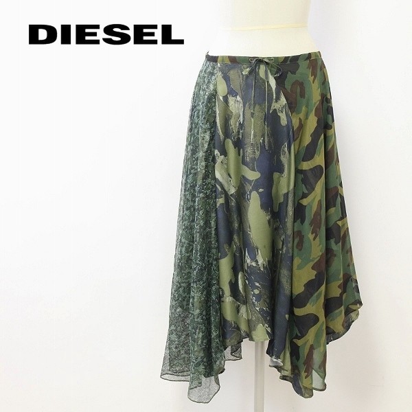 ◆DIESEL/ディーゼル バックジップ 迷彩 カモフラ柄 異素材 切替 パネル フレア スカート グリーン XS_画像1