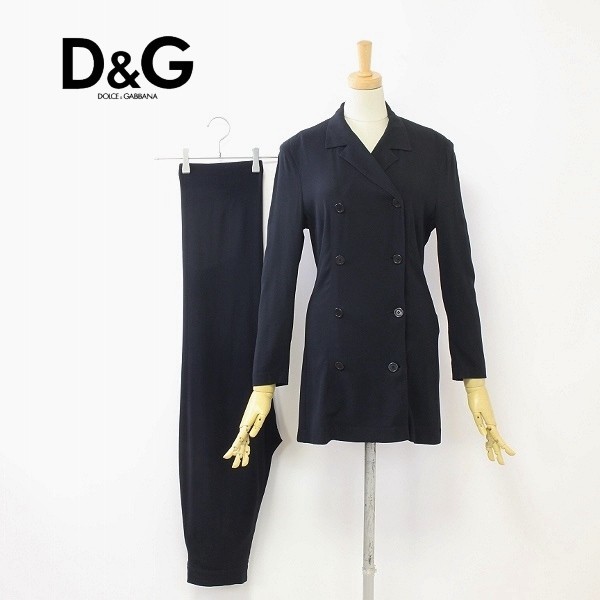 ◆D&G/ドルチェ＆ガッバーナ レーヨン ダブルブレスト ロング ジャケット＆パンツ スーツ セットアップ ブラック 24/38_画像1