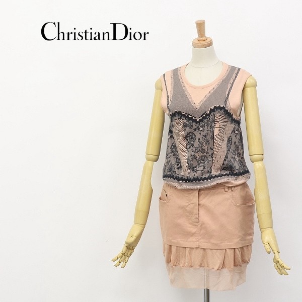 美品◆Christian Dior BOUTIQUE/クリスチャンディオール キャミソール柄 プリント ノースリーブ ドッキング ワンピース 36_画像1