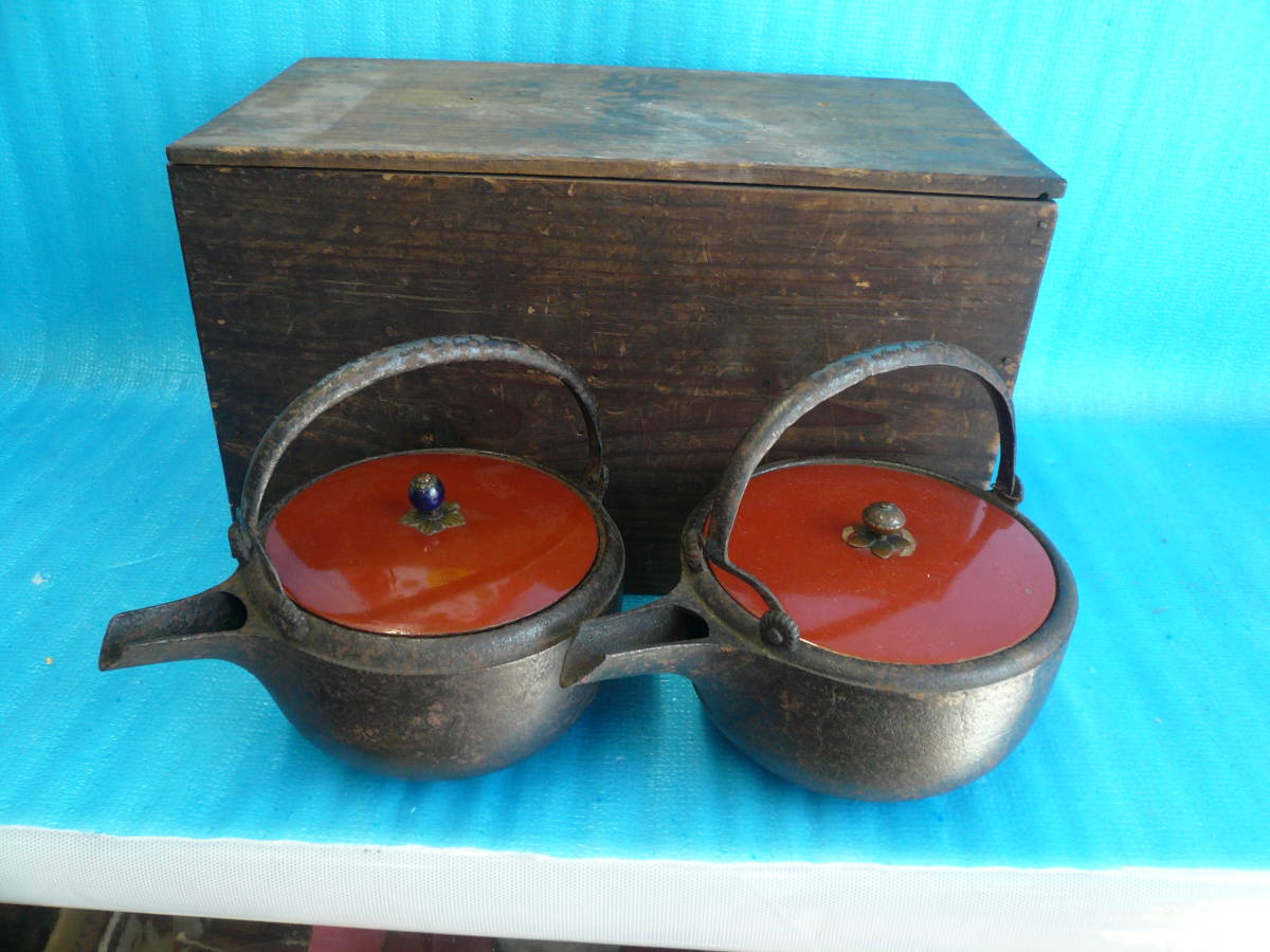 人気商品 ○時代物銚子 2個組 塗蓋 木箱入り #当時物 鉄瓶 ちろり