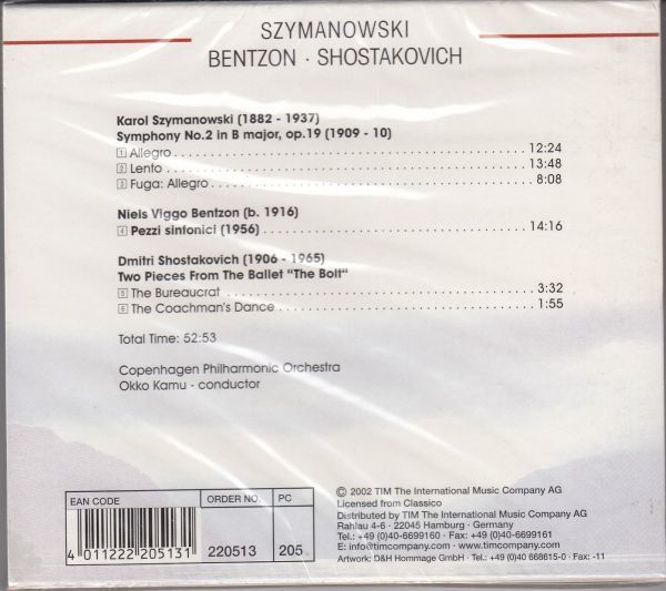 [CD/Scandinavian Classics]シマノフスキ:交響曲第2番変ロ長調Op.19他/O.カム&コペンハーゲン・フィルハーモニー管弦楽団 1995_画像2