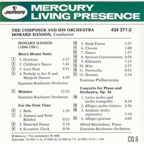 [CD/Mercury]ハンソン:ピアノ協奏曲他/A.ムーレダス(p)&H.ハンソン&イーストマン＝ロチェスター管弦楽団 1965.5他_画像2