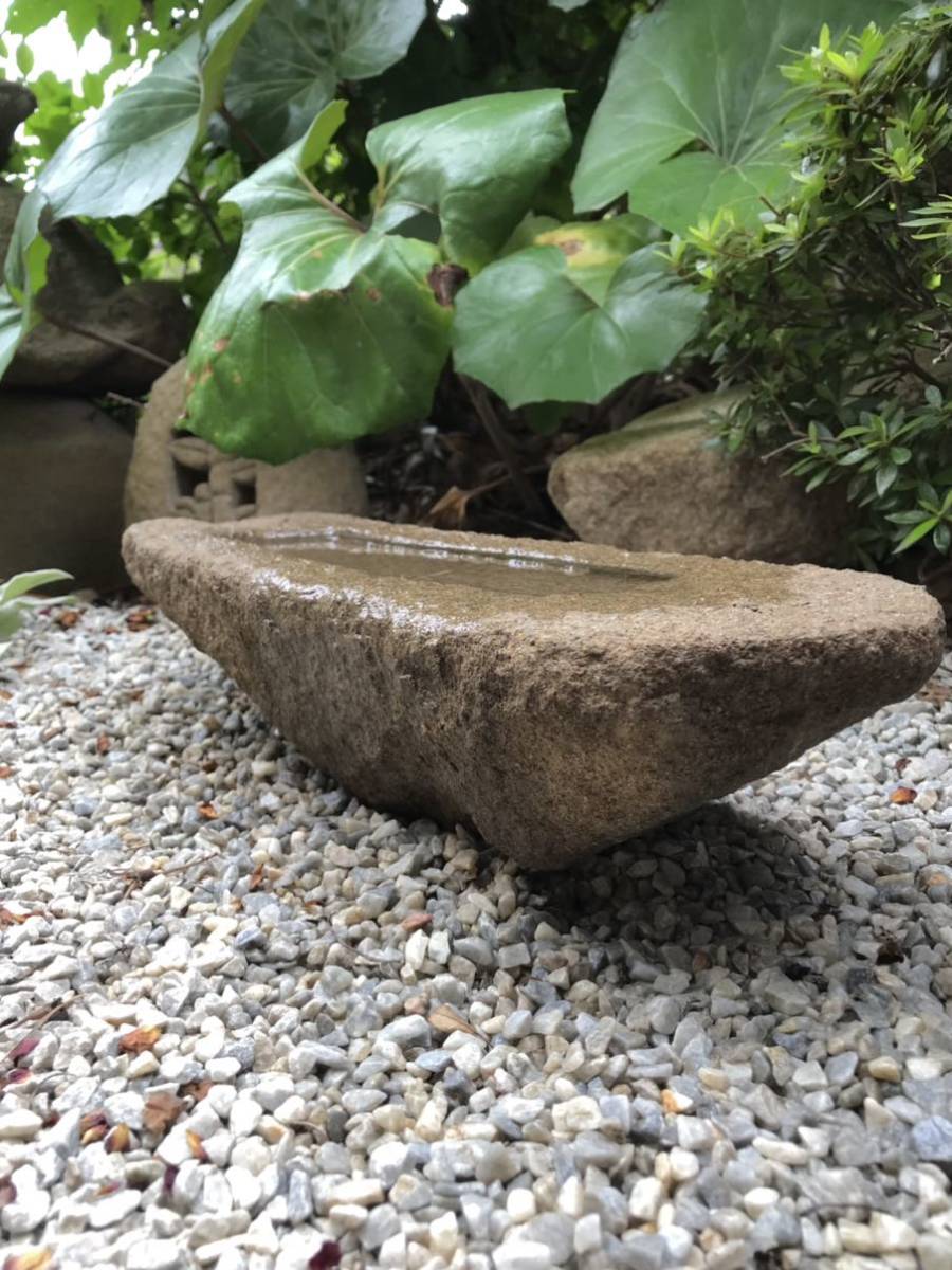 古民具造園資材睡蓮坪庭オブジェ 自然石舟石石鉢 寄せ植え鉢 バード 