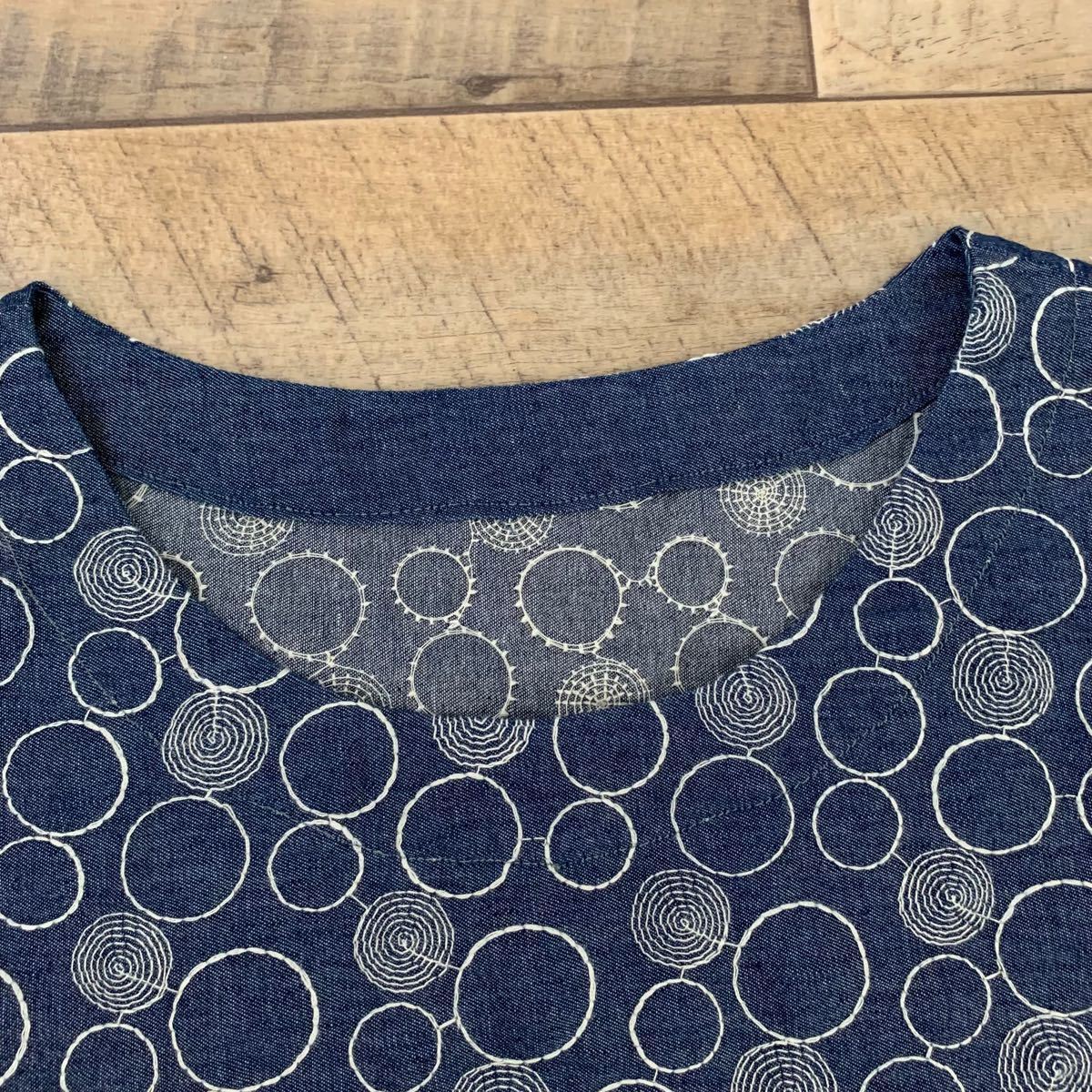 ハンドメイド デニム 刺繍 裾 スカラップ ワンピース チュニック フリーサイズ