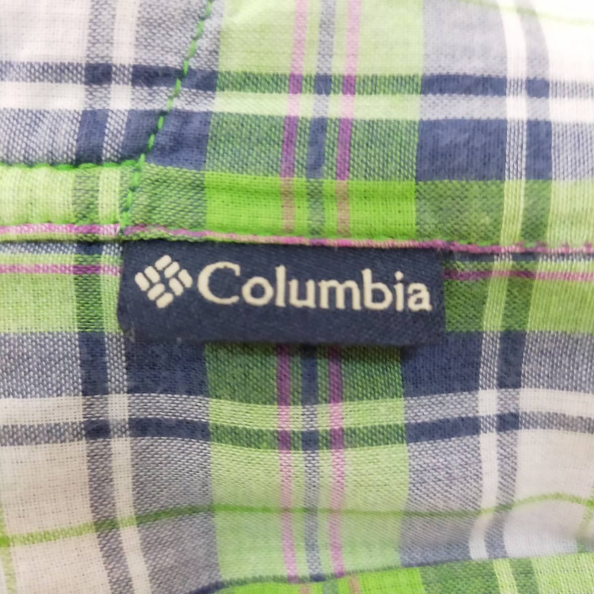 Columbia コロンビア 半袖シャツ コットン製 チェック柄 サイズM グリーン 胸ポケット ホワイト ネイビー アウトドア