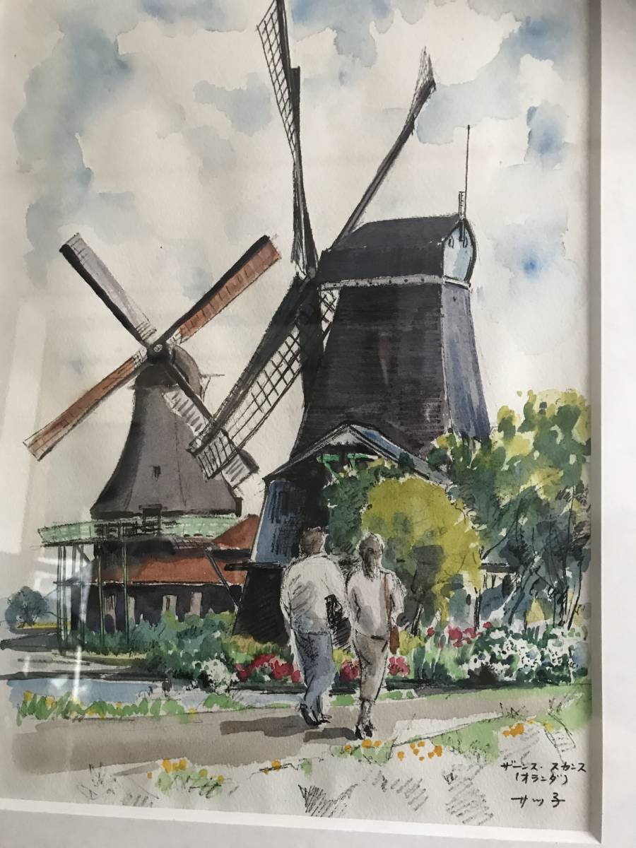油彩画|風景画|サイン有|落款有|風車|額装|油絵|絵画 オランダ
