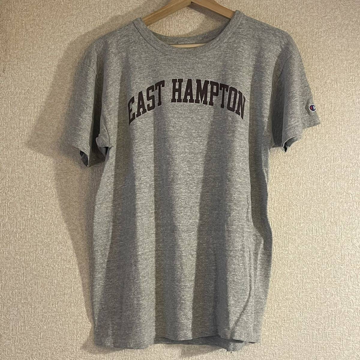 美品 チャンピオン ヴィンテージ Tシャツ L グレー 染み込みプリント East Hampton 90s USA製