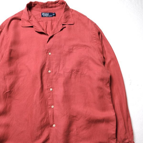 90's ポロラルフローレン オープンカラー シルク リネンシャツ 長袖 (L) 濃ピンク系 ボックスシャツ 開襟 90年代 旧タグ オールド レア