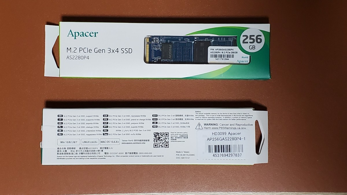 新品未使用 Apacer M.2 PCle Gen3×4 SSD 256GB 1個