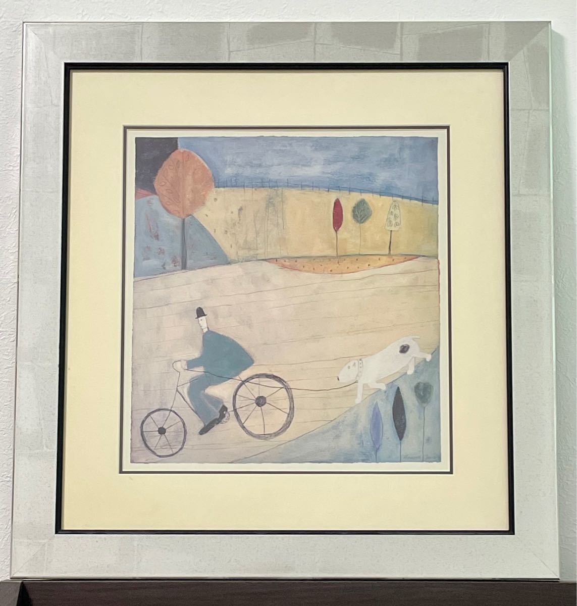 インテリア　絵画　犬と自転車