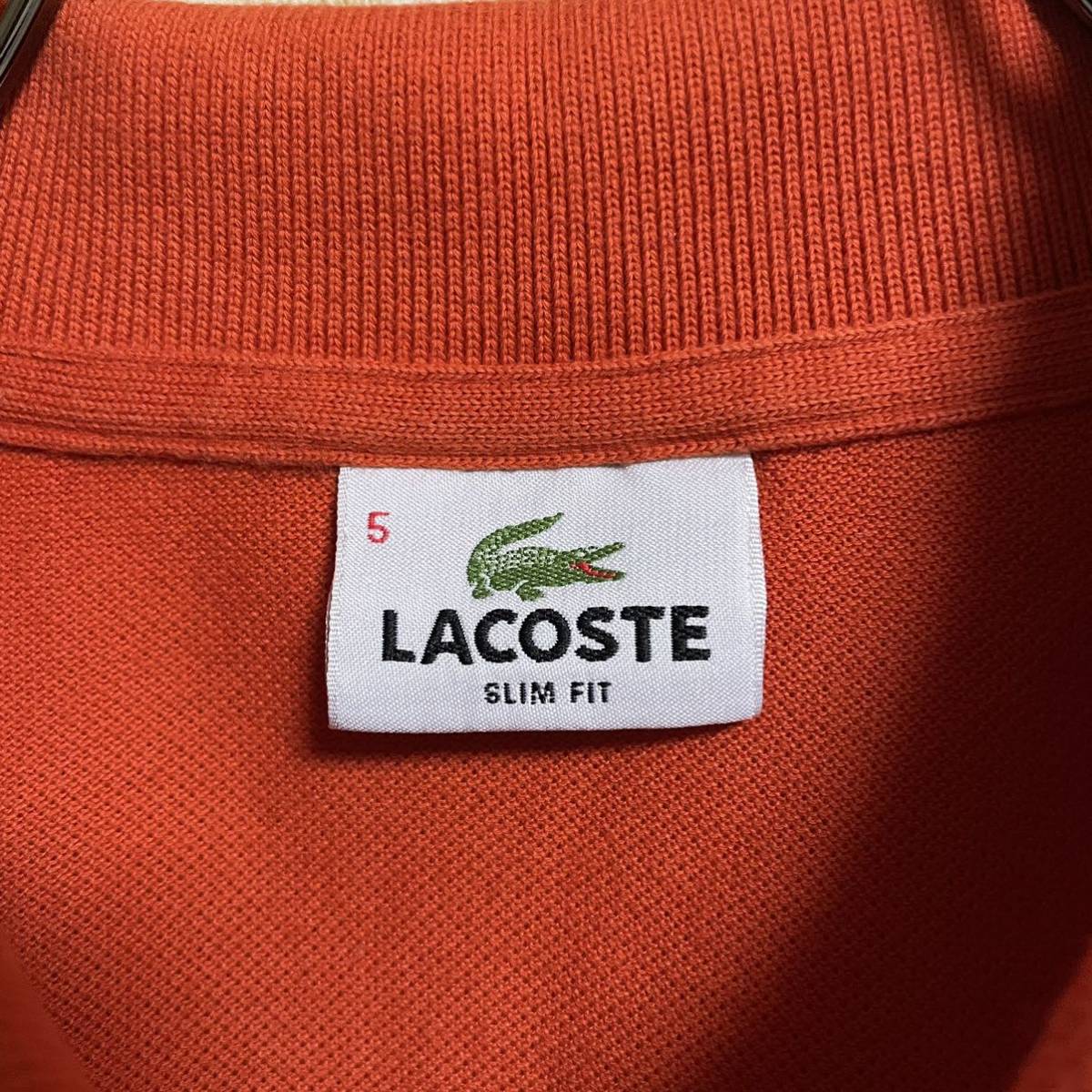 【王道クラシカル】LACOSTE ラコステ 刺繍ロゴ ワニ 鹿の子 裾スリット 半袖ポロシャツ サイズ5 Lサイズ相当 オレンジ 人気カラー 古着