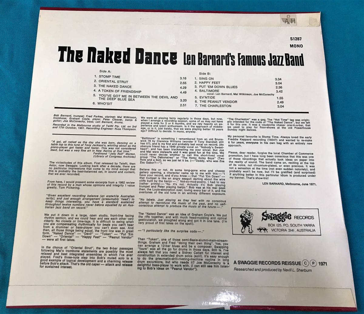 LP●Len Barnard's Famous Jazz Band / The Naked Dance AUSTRALIA盤S1287_画像2