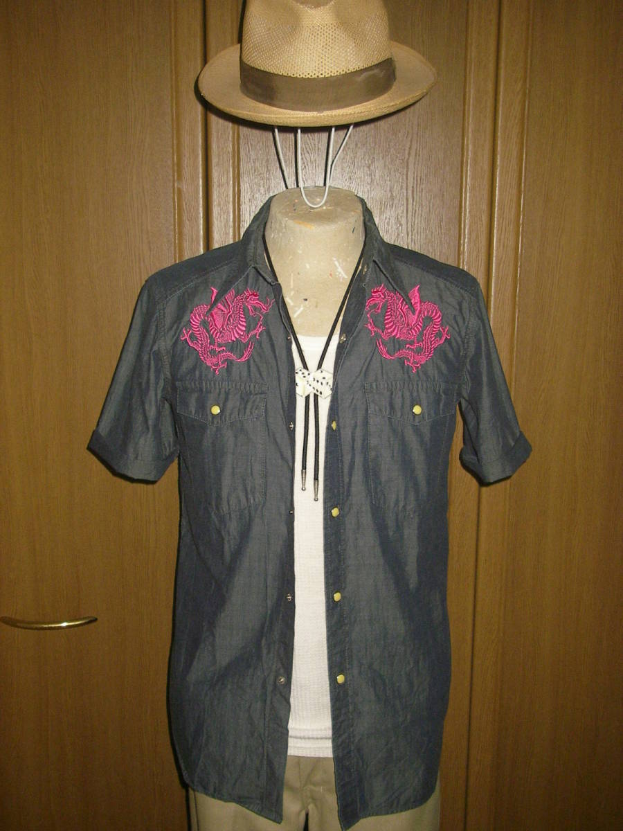 MADE IN JAPAN フルカウント 紺 ネイビー シャンブレー ウエスタンシャツ 38 龍 ドラゴン 刺繍 日本製 M ( ダンガリーシャツ デニム シャツ_画像1