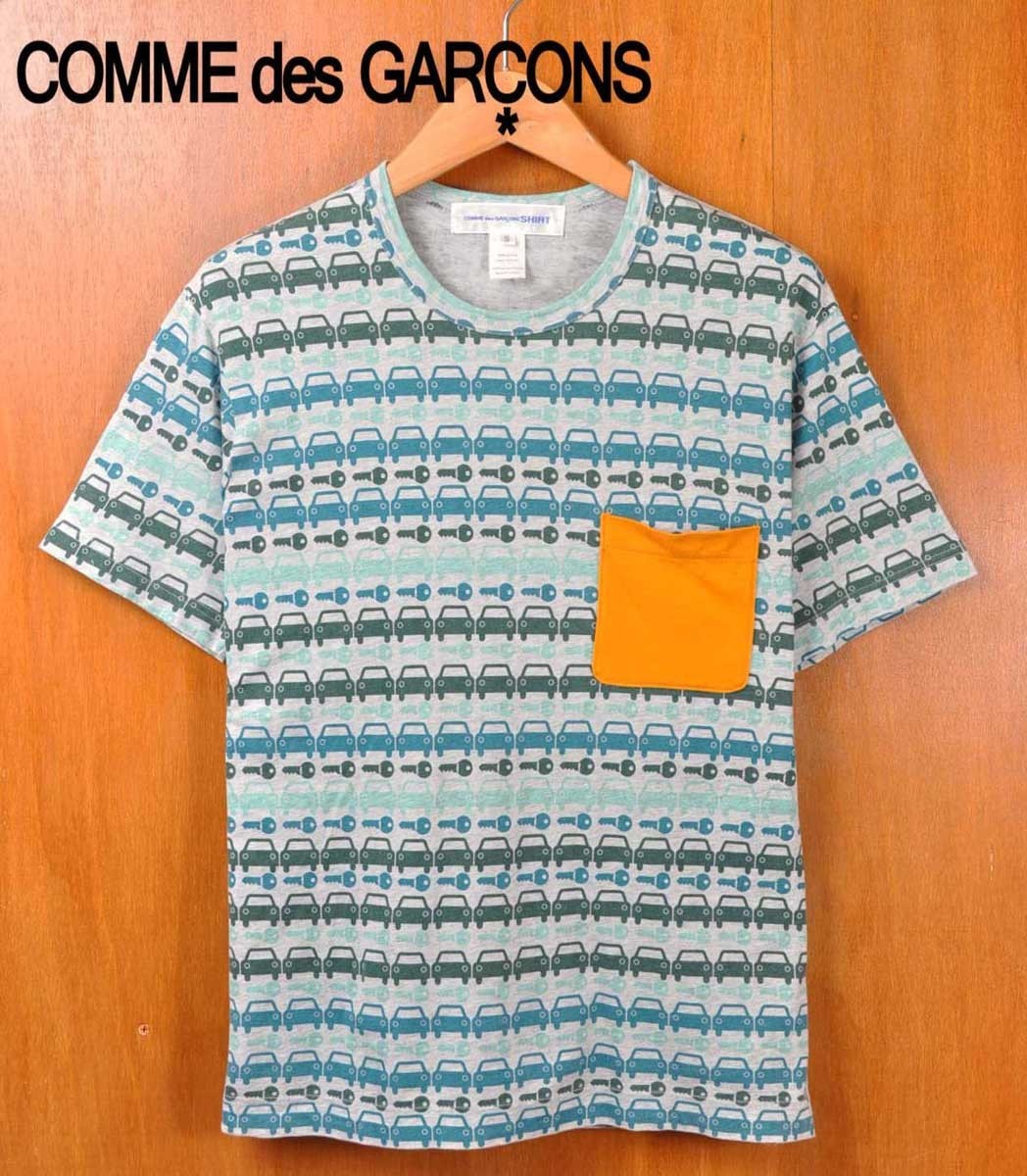トルコ製 COMME des GARCONS SHIRT コム・デ・ギャルソン シャツ 胸ポケット付 半袖Tシャツ グレー×グリーン系車鍵 総柄 メンズS(16972
