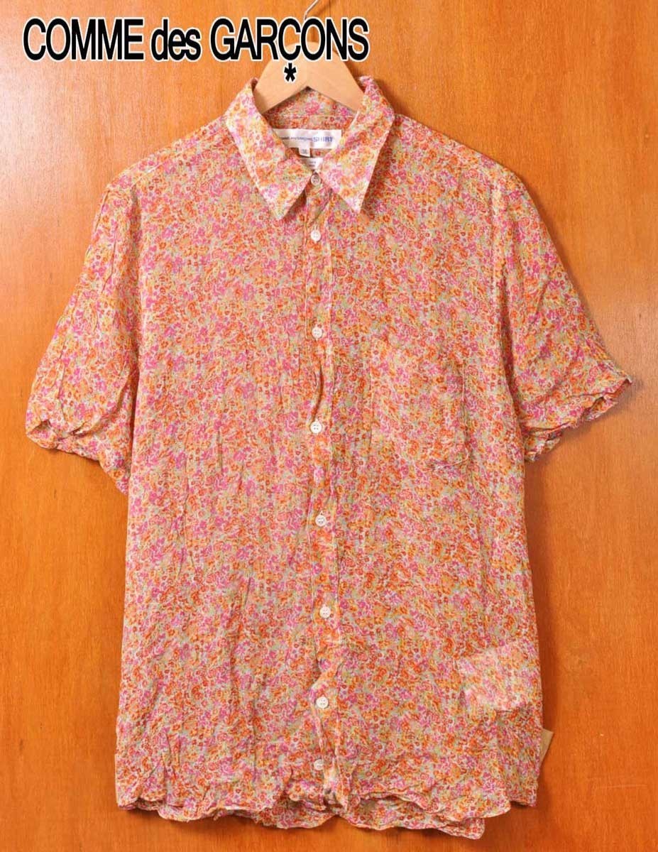 コム・デ・ギャルソン シャツ シルク 半袖シャツ レッド系ベース 花柄 総柄 メンズM(19018