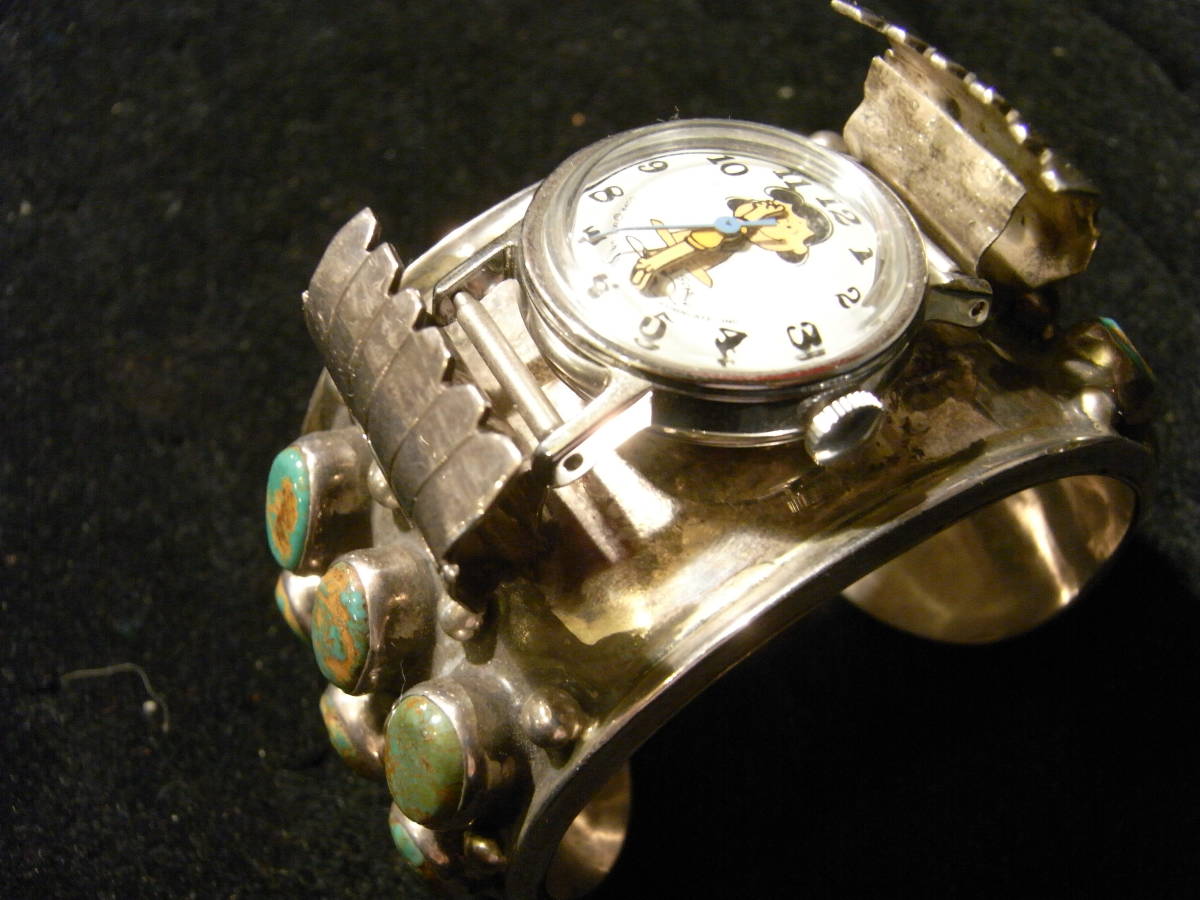 70sUSA Vintage OLD PAWN Indian jewelry clock watch bangle [BIEN MUR-bySandia Pueblo]roi stone turquoise Royston Turquoise