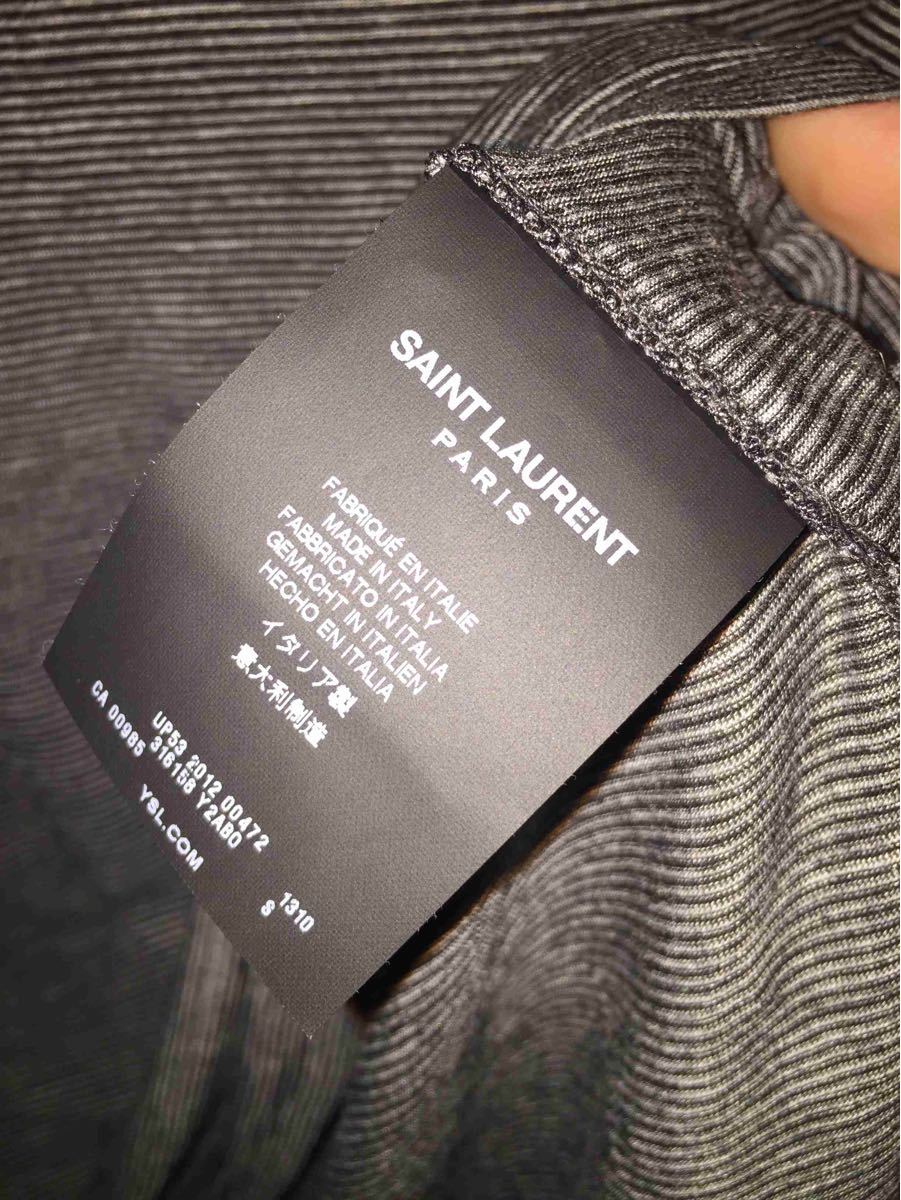 国内正規 14SS SAINT LAURENT PARIS サンローラン パリ ボーダー Ｖネック Ｔシャツ 灰×黒 S