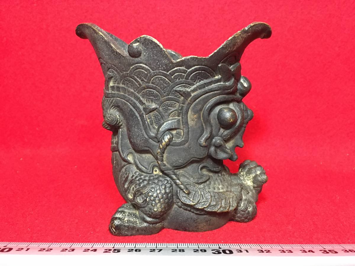 ☆【逸品堂】☆ 時代物 筆筒 刻印 有り 古銅 唐金 獅子 龍 怪獣 動物
