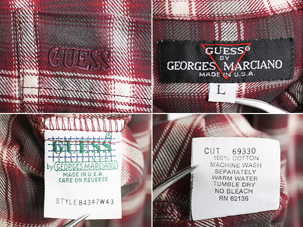 80s 90s ビンテージ USA製 ■ ゲス GUESS GEORGES MARCIANO コットン チェック 長袖 シャツ ( メンズ 男性 L ) 古着 オールド 長袖シャツ_画像3