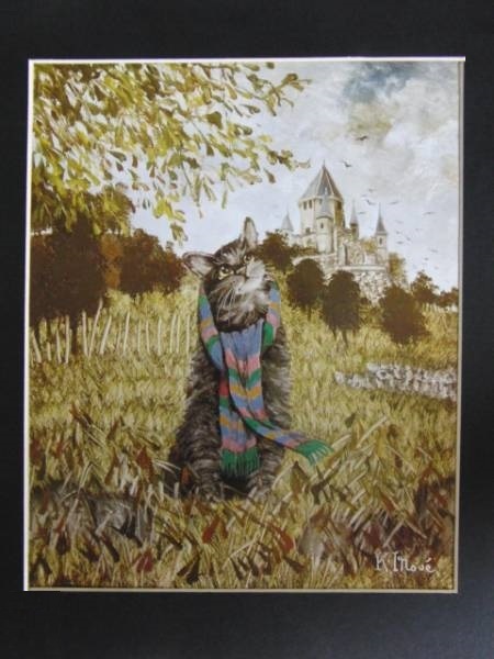 井上覚造、【バルビゾンの猫】、希少な額装用画集より、新品額装付