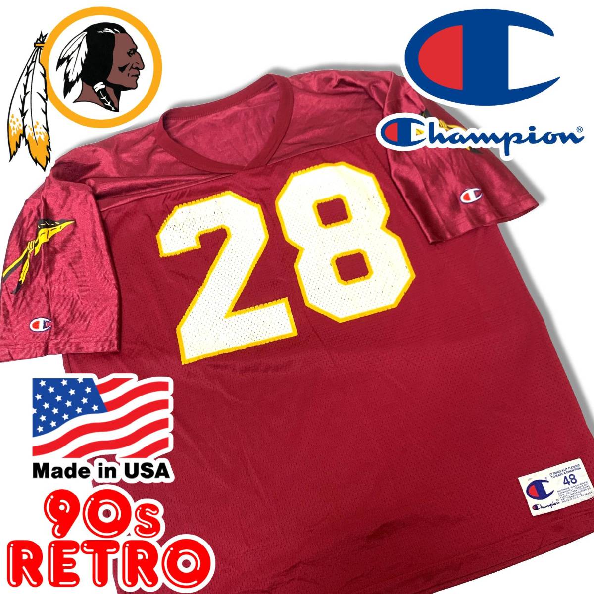 PayPayフリマ｜80s - 90s USA製 チャンピオン レッドスキンズ ゲームシャツ 48 L Champion NFL Redskins  フットボールジャージ フットボールシャツ 古着