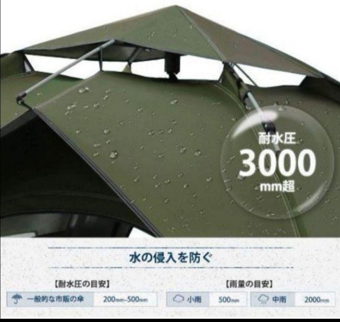 ワンタッチテント 2-3人用2重層設営簡単 紫外線防止PU3000mm防水 軽量