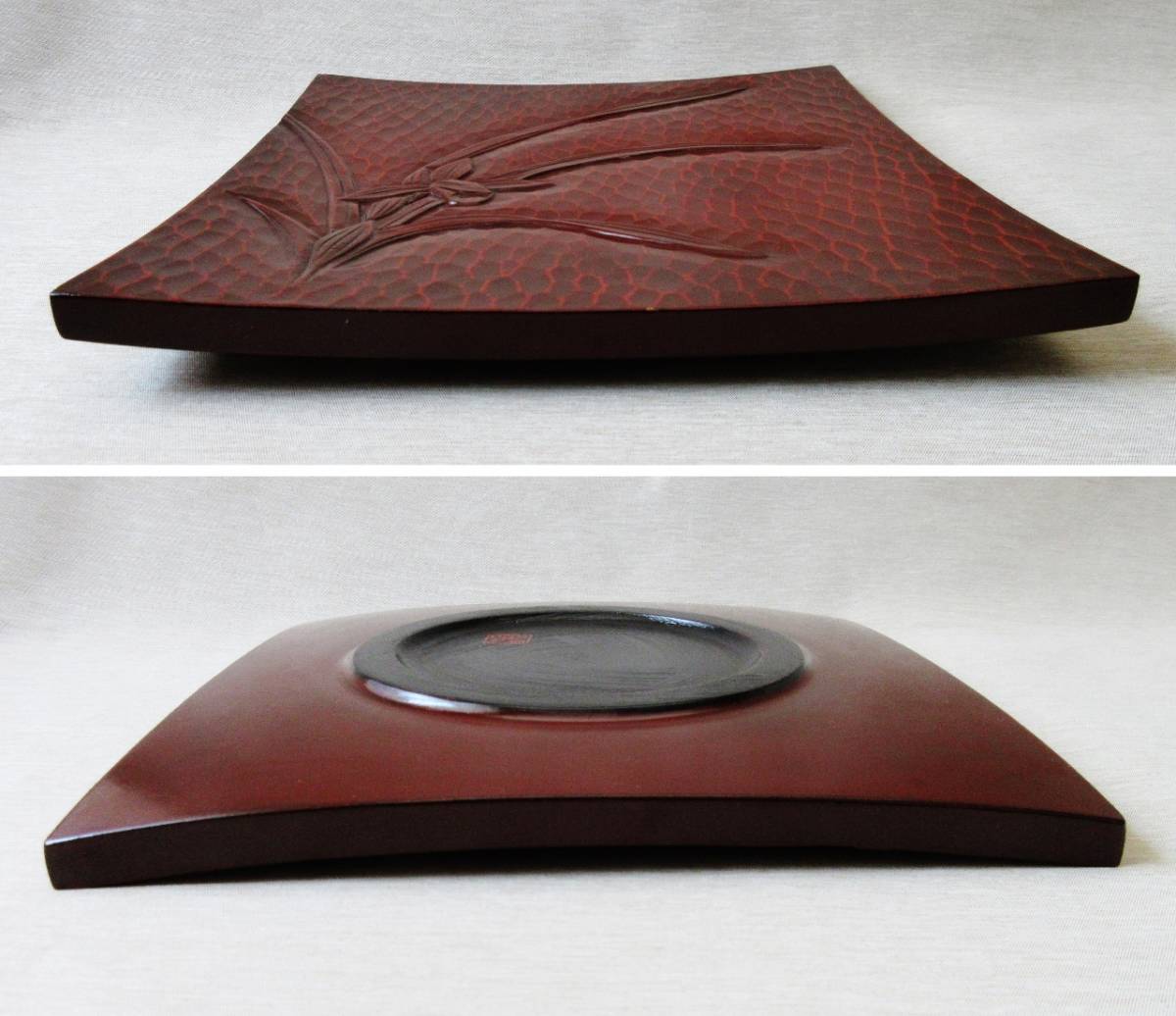 ハンドメイド鎌倉彫【陽堂】水仙24.3cm角皿 底は丸型_側面板の厚み1.3cm有ります