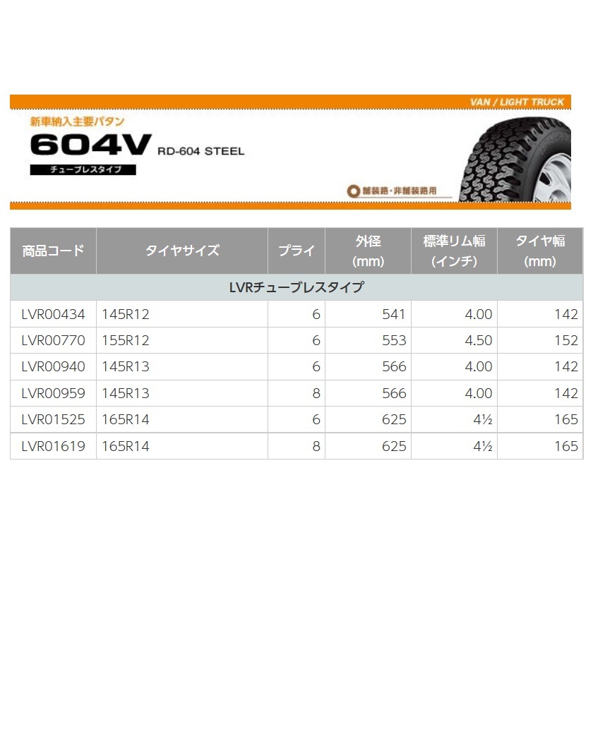 ■■ブリヂストン 商用車用 604V 165R14 6PR■165/14/6 165-14-6 ブリジストン (3本の在庫_画像1