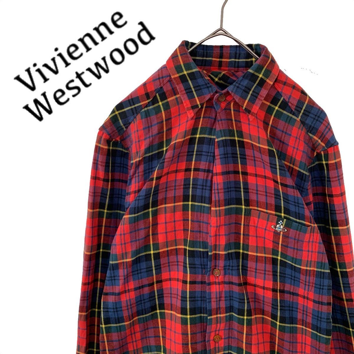 【送料無料】Vivienne Westwood ヴィヴィアンウエストウッド チェックシャツ　メンズ　ボウタイ付き　ロゴ刺繍　長袖　44 S