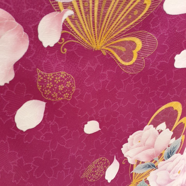 正絹　61009　濃いピンク　花柄　蝶々　シルク230cm　はぎれ　ハギレ　リメイク　ハンドメイド