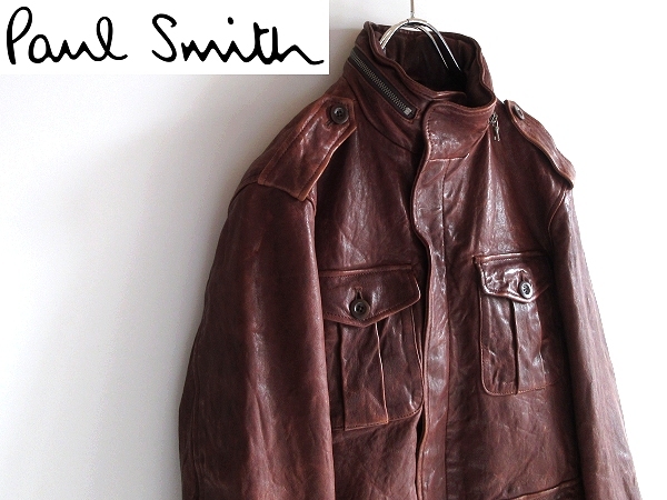 希少 名作 定価118800円 Paul Smith ポールスミス 羊革 USED加工 ダブルジップ M-65 ラムレザージャケット ミリタリーコート S ブラウン 茶