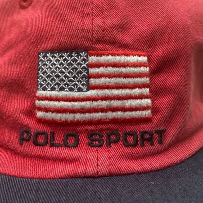 送料無料 90s polo sport ラルフローレン 星条旗 刺繍 CAP キャップ 帽子 rrl vintage ビンテージ country  red レッド 赤 ツートーン 92 93