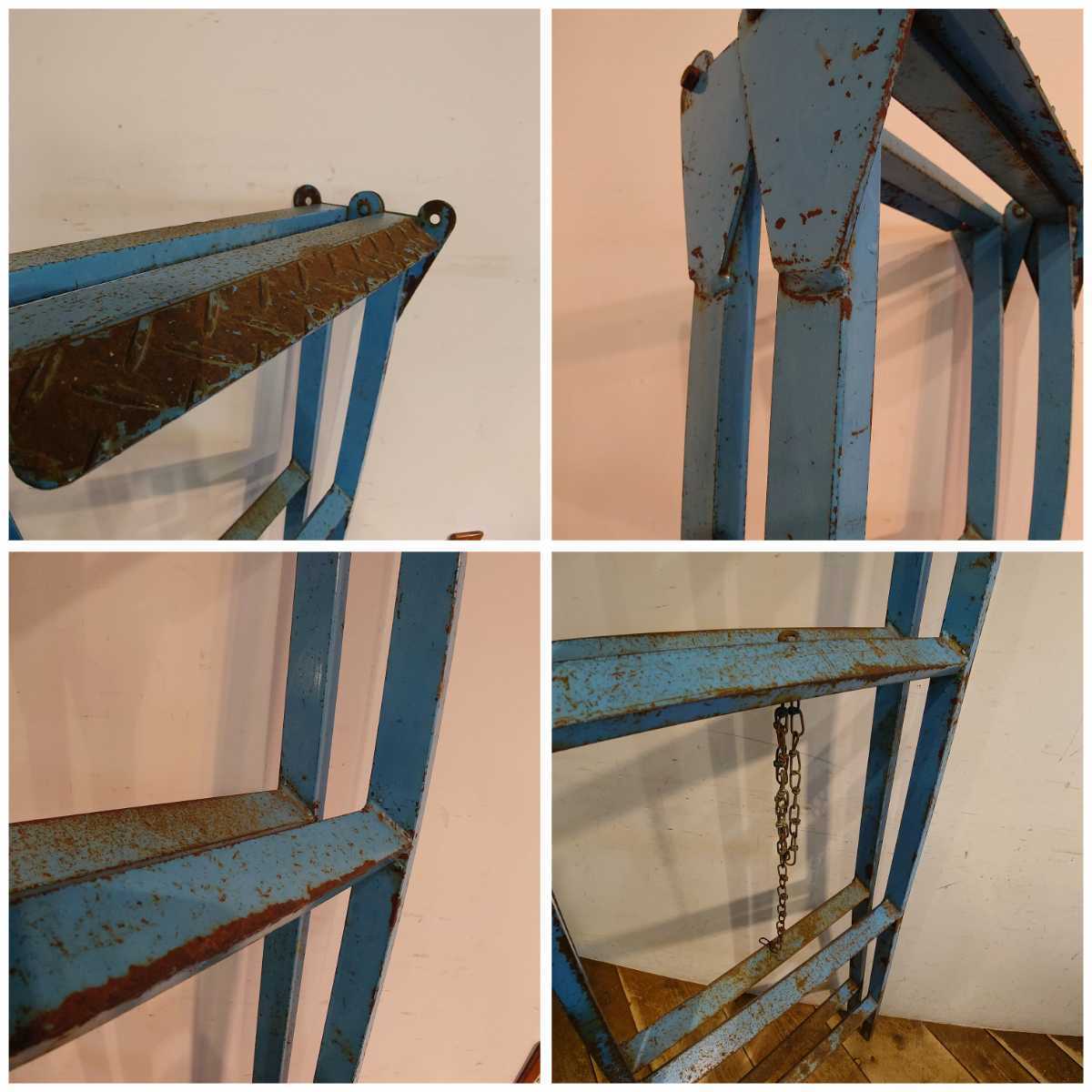  Vintage blue paint iron step ladder stepladder A-693/ display store furniture gardening in dust real industry series 