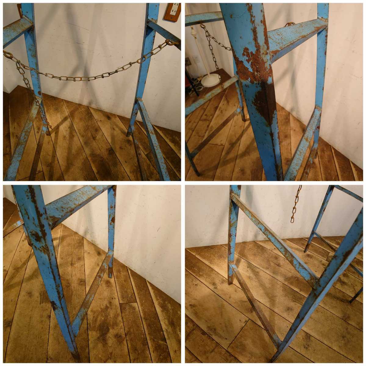  Vintage blue paint iron step ladder stepladder A-693/ display store furniture gardening in dust real industry series 