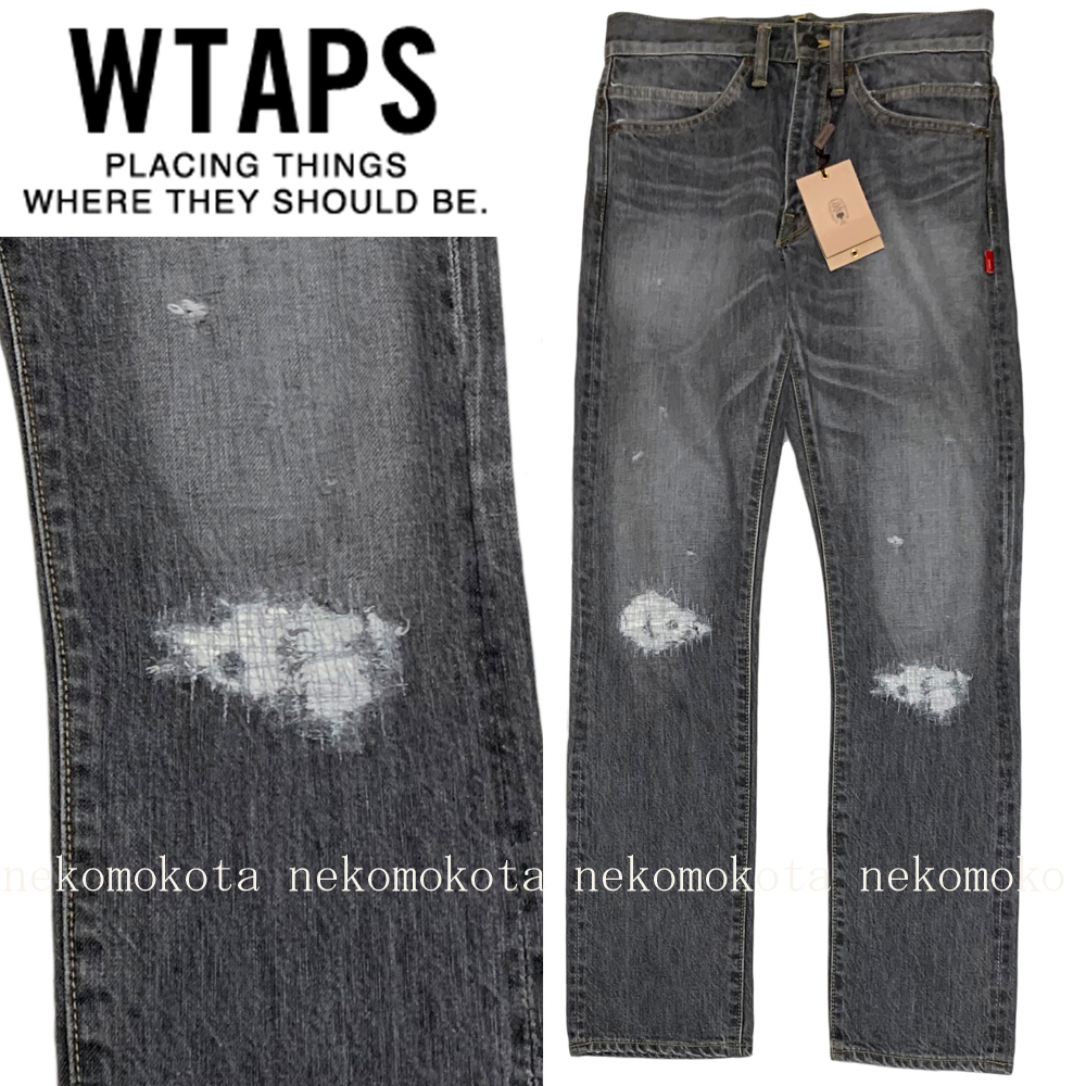 未使用 タグ付き 17SS WTAPS BLUES VERY SKINNY TRASH クラッシュリペア加工 スキニーデニムパンツ S グレー ブラック 黒 ダブルタップス