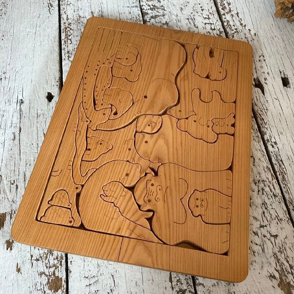 } Vintage * old wood animal puzzle 22P* wooden purity animal * child toy child intellectual training toy * wood grain * nature natural natural * Vintage old tool 