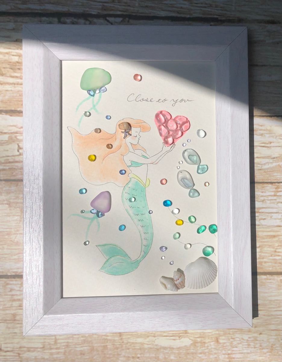 倉庫 シーグラスアート 手描きイラスト 人魚姫 マーメイド 海の生き物
