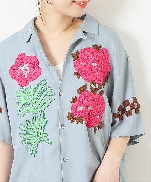  free shipping regular price 2.5 ten thousand new goods NOMA t.d. embroidery . collar short sleeves shirt 3 lady's blue open color rayon 