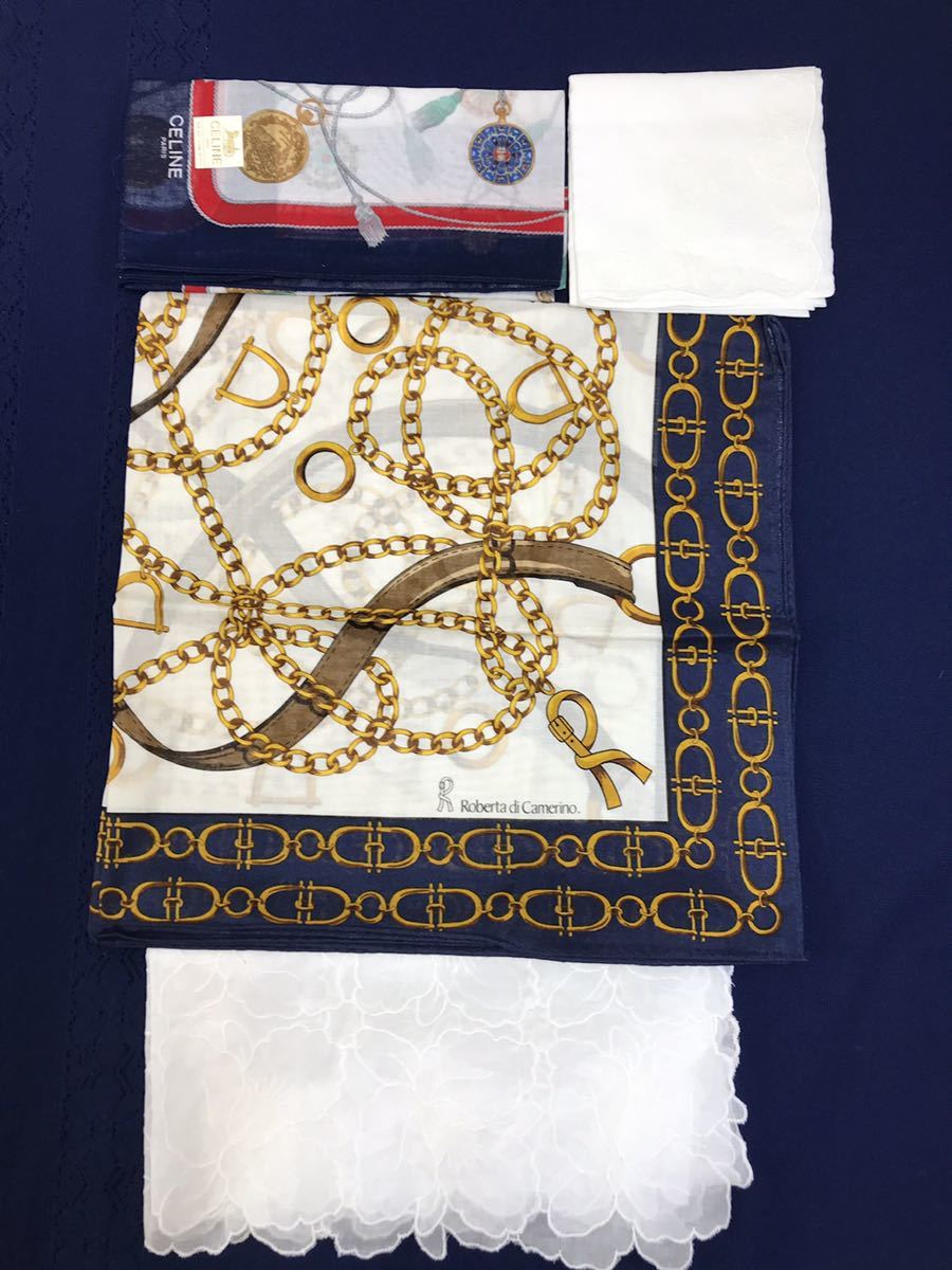 未使用 セリーヌ ロベルタ 大判ハンカチ スカーフ使用に 白刺繍入り 6枚セット 送料無料