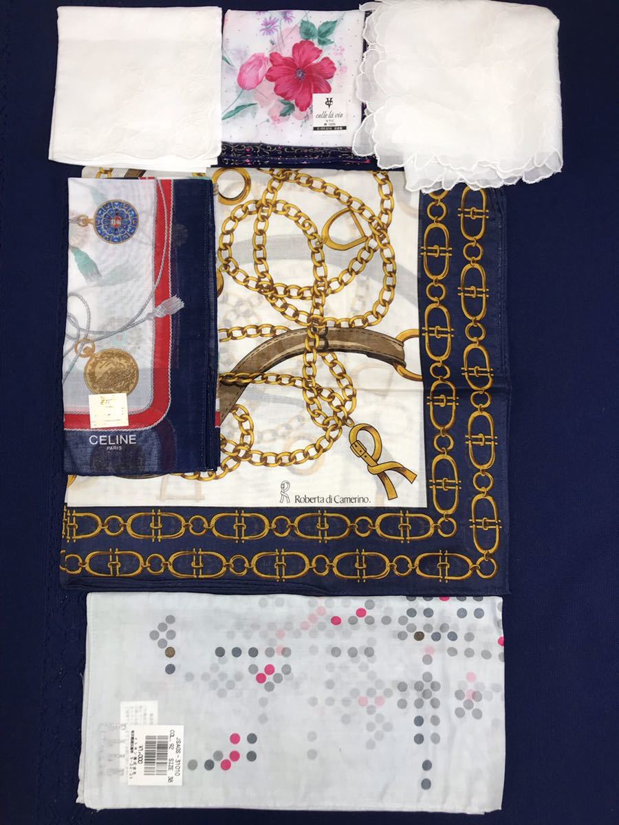 未使用 セリーヌ ロベルタ 大判ハンカチ スカーフ使用に 白刺繍入り 6枚セット 送料無料