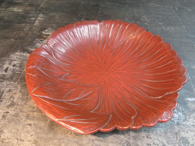 鎌倉彫陽堂牡丹盆　木製漆器　牡丹皿　盛器　菓子鉢