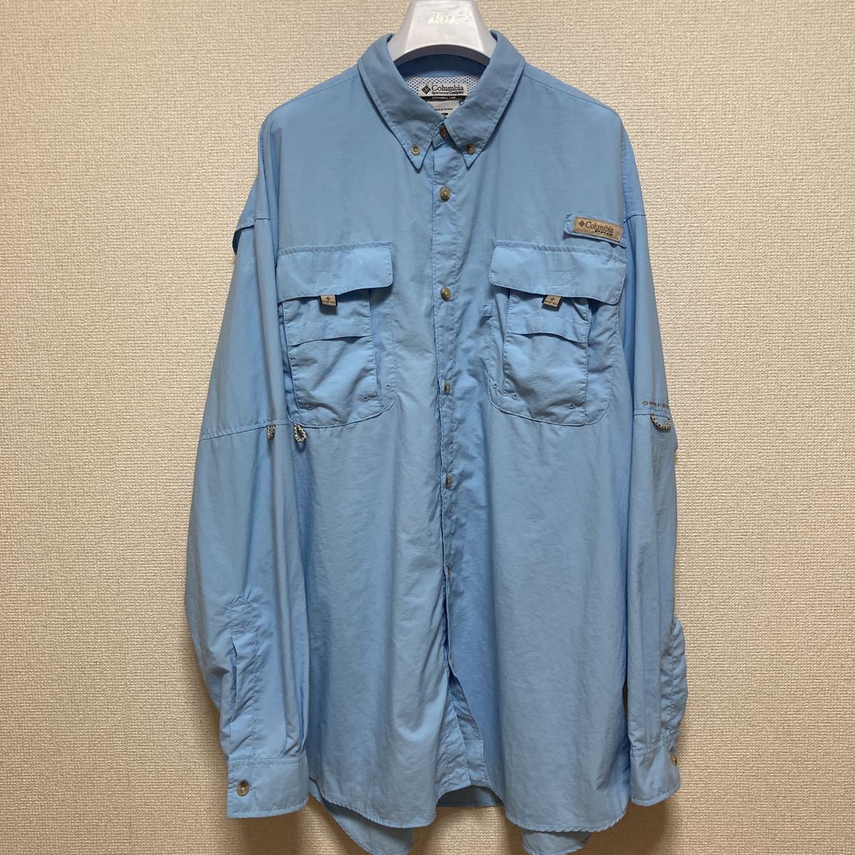 90's Columbia PFG コロンビア OMNI-SHADE フィッシングシャツ 長袖シャツ マルチポケット ボタンダウンシャツ XL 水色