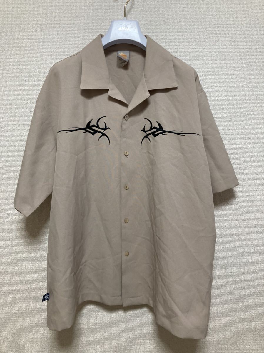 USA古着 is INTERSTATE オープンカラーシャツ 半袖シャツ USA製 L ベージュ系 /ファイヤーパターン