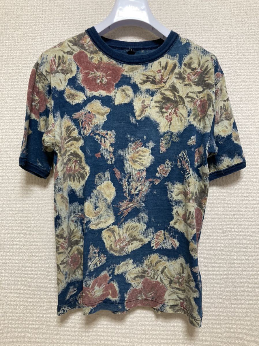 45rpm 藍染 インディゴ Tシャツ 花柄 総柄半袖Tシャツ 3 R刺繍　ネイビー_画像1