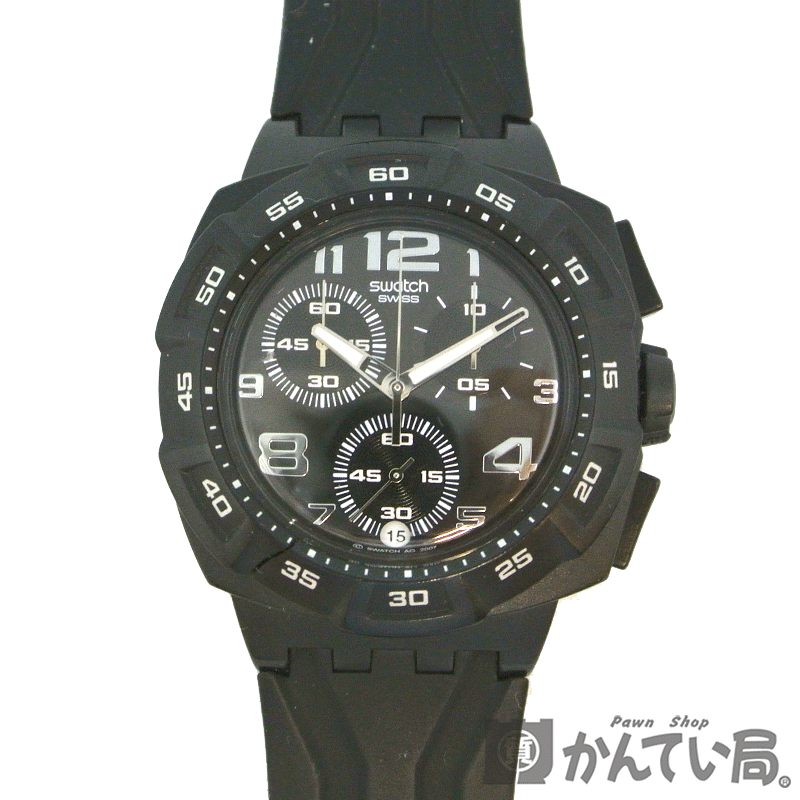Swatch【スウォッチ】PLASTIC MISTER CHRONO スイス製 シリコンベルト メンズ クオーツ 腕時計 4石 ブラック ケース 説明書付き【USED-B】_画像1