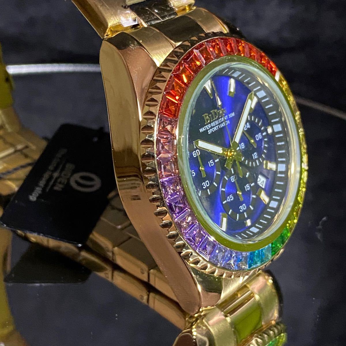 レインボー ベゼル クロノグラフ メンズ ウォッチ ブリンブリン メンズ腕時計 スクエアCZ レインボーベゼル　コンビネーション
