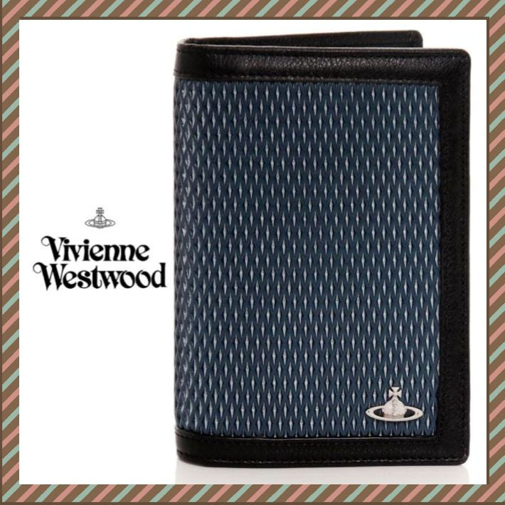 ● Vivienne Westwood パスポートケース ORB 黒 紺 網 革 新品 ブルー オーブ 新品 ユニセックス ヴィヴィアンウエストウッド イタリア製
