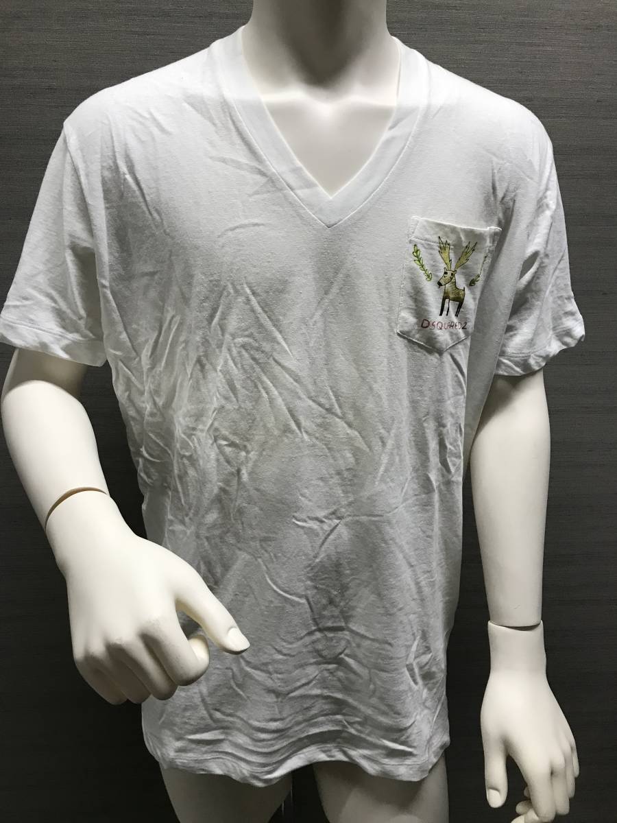 本物 新品 DSQUARED2 ディースクエアード 半袖Vネック胸ポケット付Tシャツ S74GD0249 白 L_画像1