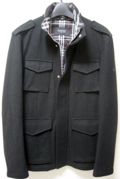 美品 BURBERRY BLACK LABEL 羊毛 ホースマーク刺繍 メルトン M-65 ジャケット M レザー 黒 ブルゾン 2 コート バーバリー ブラックレーベル