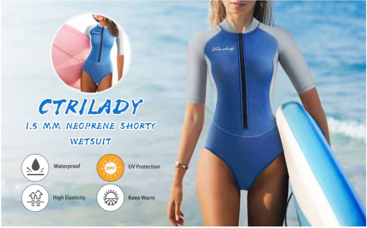 女性用CtriLadyウェットスーツフロントジッパー付きネオプレン半袖水着UVプロテクション水泳ダイビングシュノーケリングサーフィン用n626